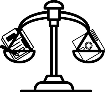 An image of a set of scales, balancing a journal article and a floppy disk, representing software